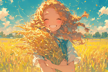 小女孩手里抱着一束麦穗图片