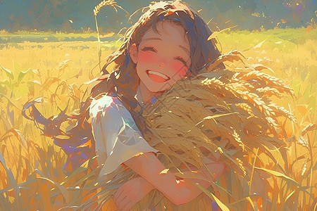 抱着麦穗快乐大笑的女孩图片