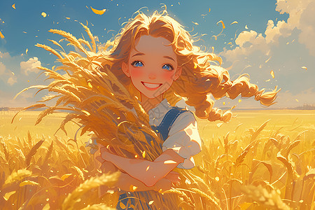 金黄麦田里抱着麦穗的女孩图片