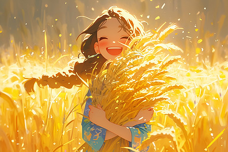 抱着麦束的快乐女孩图片