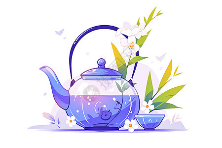 树叶间的紫色茶壶图片