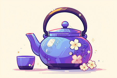 紫色茶壶上的花朵图片