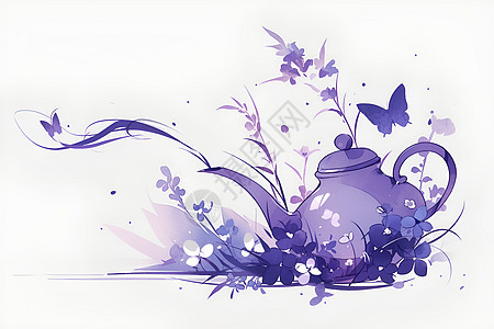 蝴蝶飞舞间的茶壶图片
