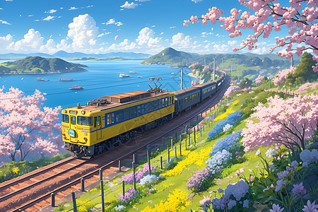 火车穿过翠绿草地和花海图片