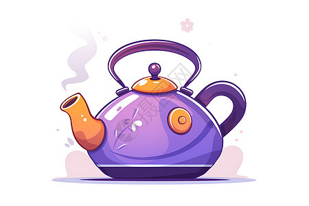 冒着热气的紫色茶壶图片
