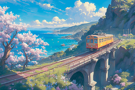 海边桥梁上的铁轨列车图片