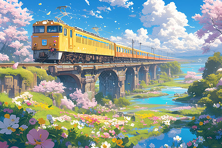 火车飞越花海图片