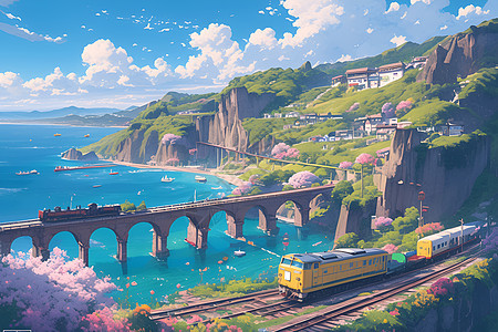 桃花桥上的黄色列车图片