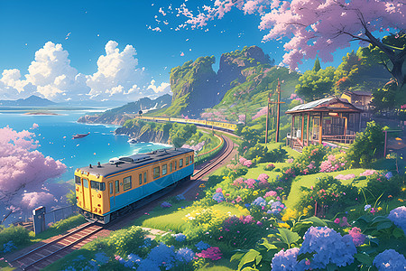 美丽的火车穿行在岛屿中图片