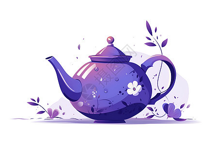 花草间的紫色茶壶图片