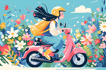 花丛里骑着电动车的女人图片