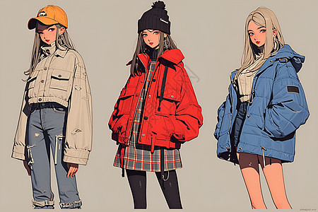 三个女孩在冬季的打扮图片