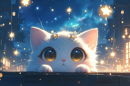 白色猫咪眺望星空图片