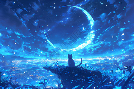 星空猫咪夜月美景图片