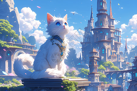白猫坐在城堡前图片