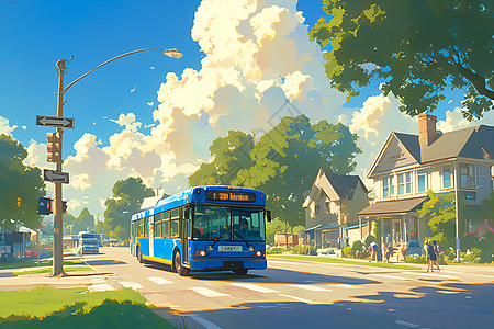 宁静郊区环境中蓝色巴士图片