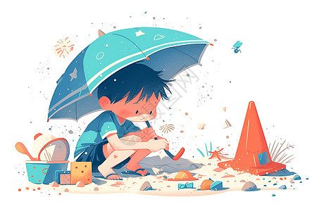沙滩上一个男孩在伞下玩耍图片