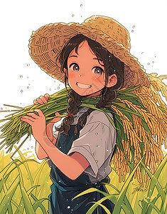 女孩正在收割稻谷图片