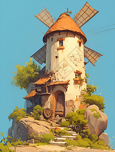 城堡房子上的风车图片
