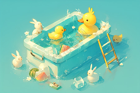 可爱鸭子漂浮在水池里图片