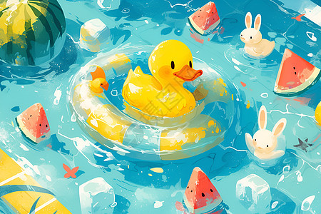 黄色橡皮鸭漂浮在水池图片
