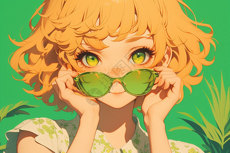 可爱少女带着绿色太阳镜图片