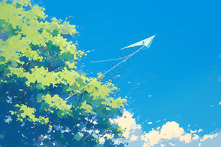 蓝天绿树风筝翱翔图片