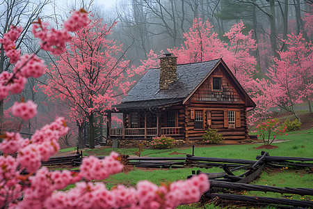 山谷中的木屋藏身在樱花树下图片
