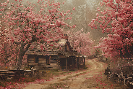 春日乡村风光的樱花树小木屋图片