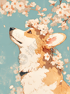 樱花盛开中的短腿犬图片