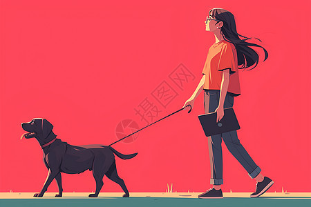 夕阳下散步的女孩和狗图片