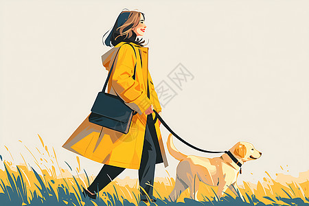 女孩带着狗在草地上散步图片