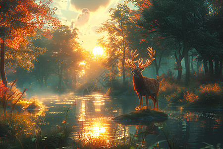 湖畔夕阳下的鹿图片