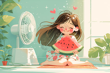 夏日吃西瓜的小女孩图片