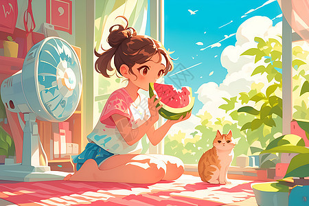 夏日清凉小女孩的水果盛宴图片