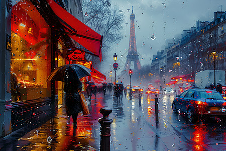 雨中的巴黎街景图片
