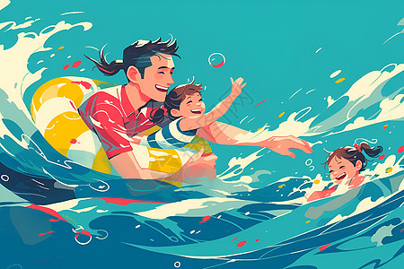 爸爸和孩子在海浪里游泳图片