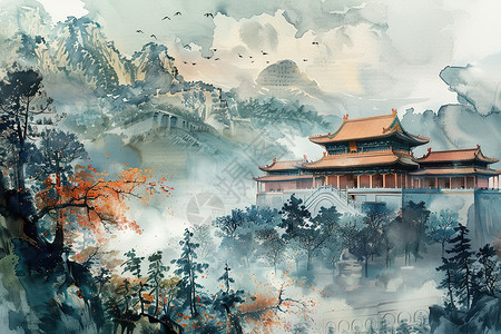 山间的一座中国建筑图片