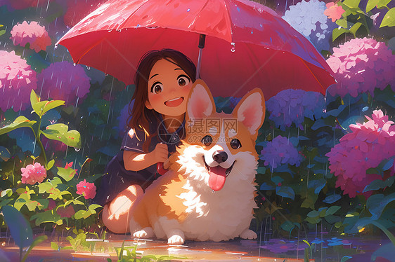 伞下的女孩和狗图片