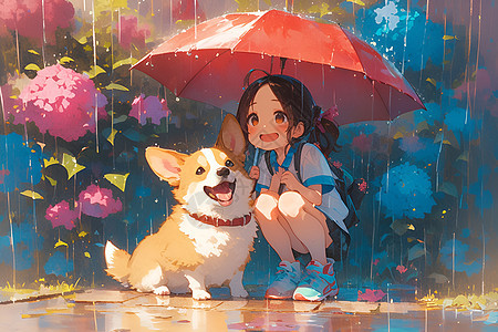 雨中的女孩和狗图片