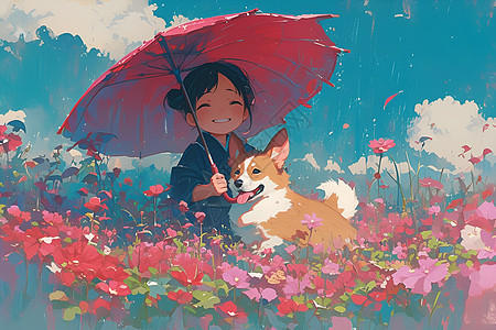 花海里打伞的女孩和狗图片