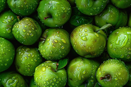 水珠滴在一堆绿苹果上图片