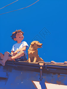 蓝天下的男孩和狗图片
