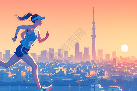 夕阳下奔跑的城市女孩图片