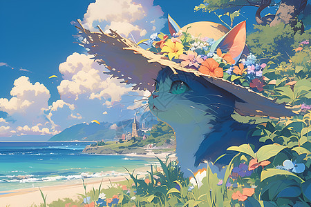 阳光海滩上的花帽猫图片