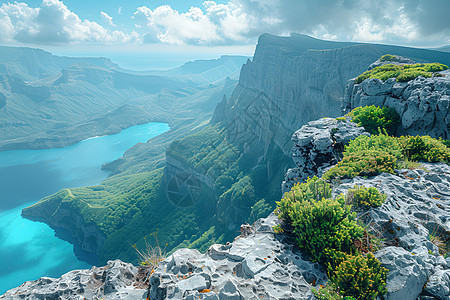 高山峡谷间湖泊倾泻云海苍茫的风景图片