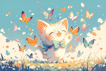小猫咪与蝴蝶嬉戏图片