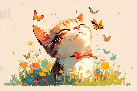 可爱的猫咪和蝴蝶图片