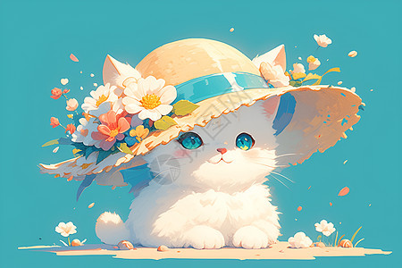 白猫戴花帽在沙滩上图片