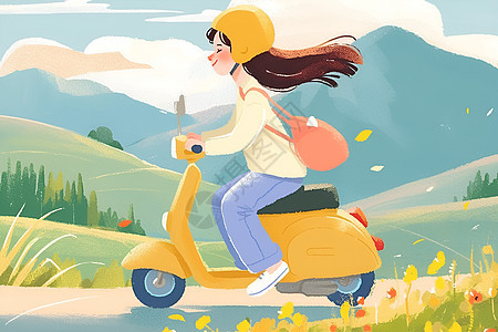 山谷中骑车的女孩插画图片